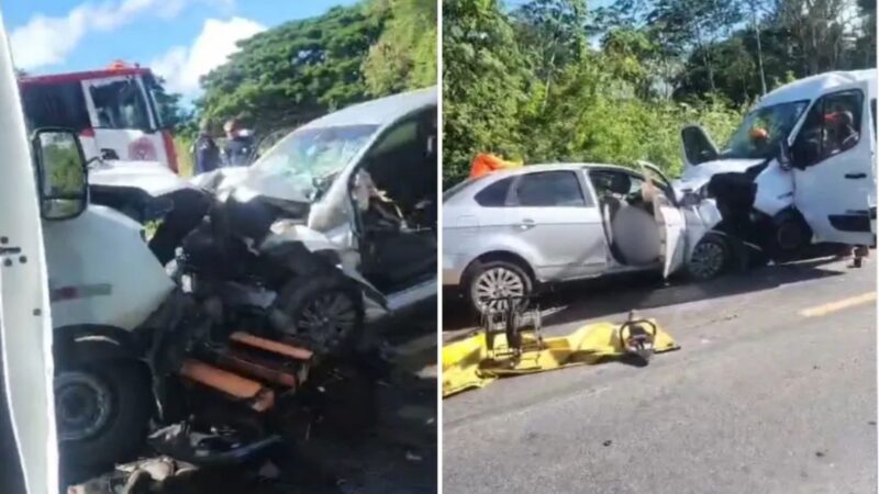 Acidente entre van da Saúde, carro e moto deixa um morto e 17 feridos na BR-101 em Linhares