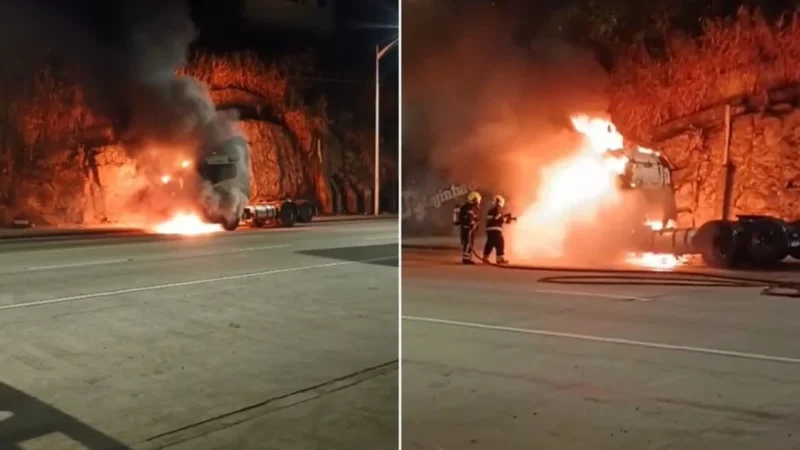 Incêndio destrói cabine de carreta na Rodovia Leste-Oeste e causa lentidão no trânsito em Cariacica