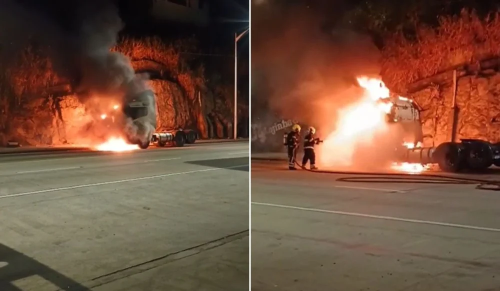 Incêndio destrói cabine de carreta na Rodovia Leste-Oeste e causa lentidão no trânsito em Cariacica